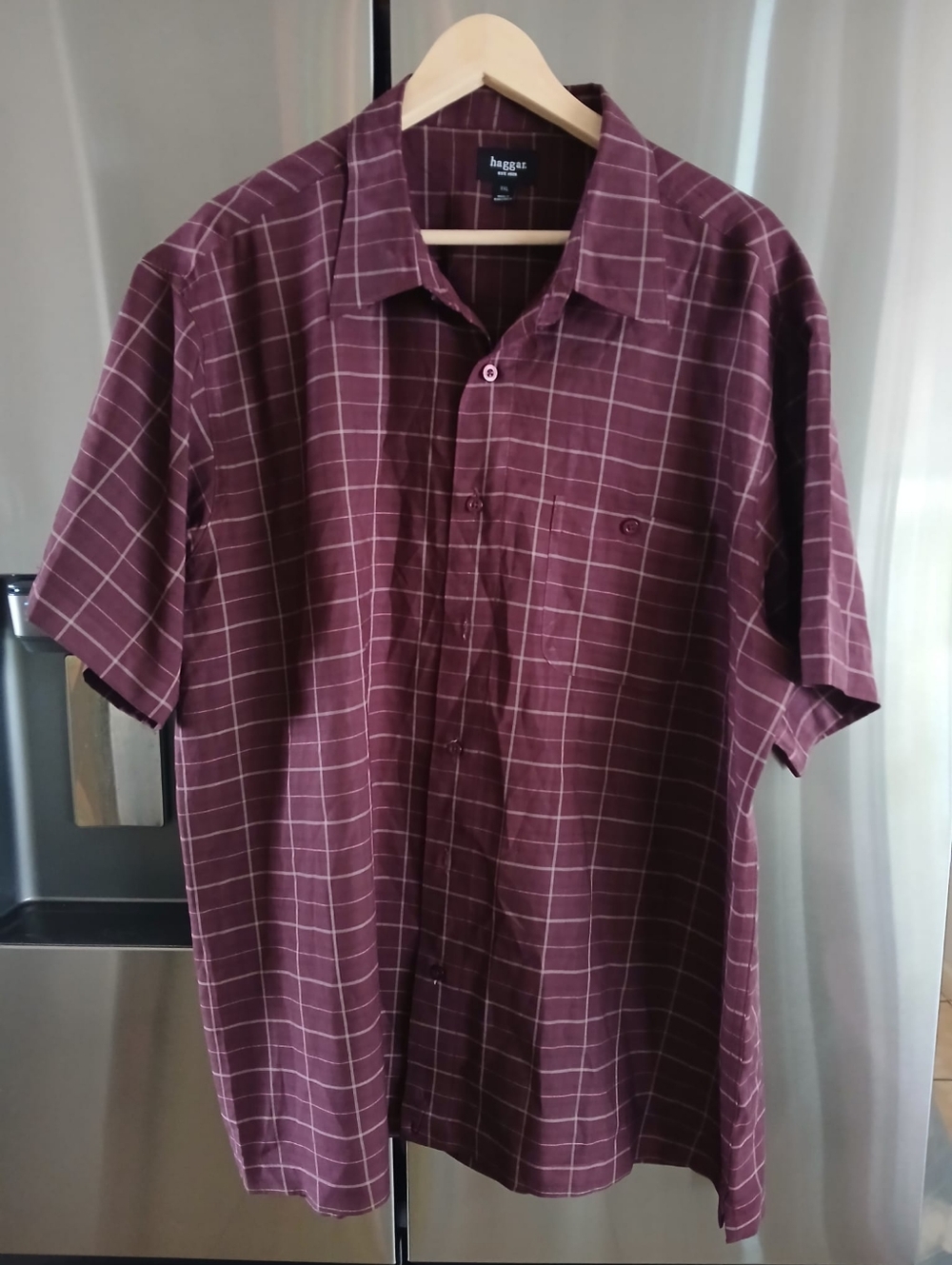 Haggar Burgundy Windowpane Short-Sleeve Button-Down Shirt
